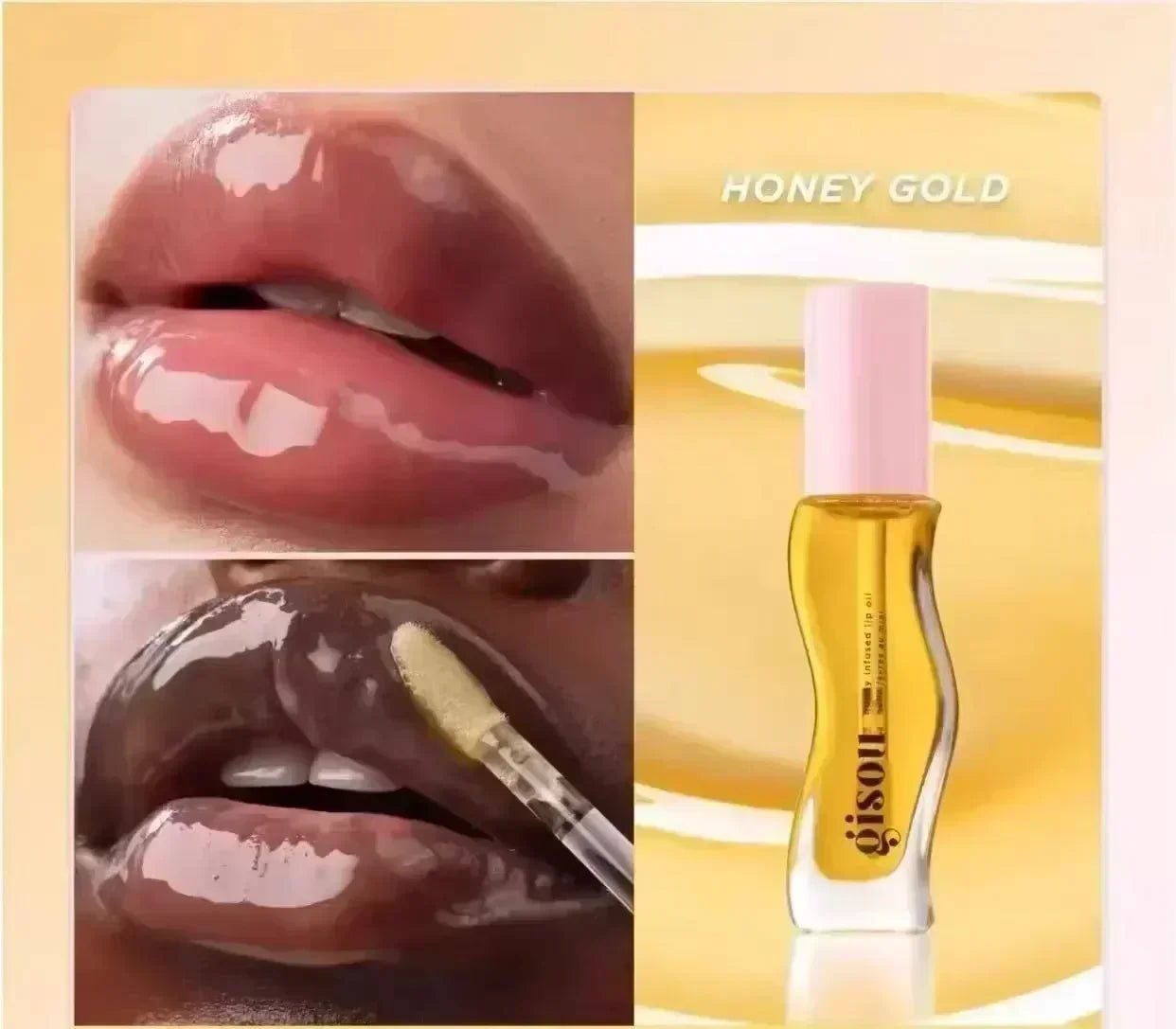Gisou Honey Gold lip oil for glossy, hydrated lips. Reduces fine lines with a smooth, moisturizing liquid texture.
