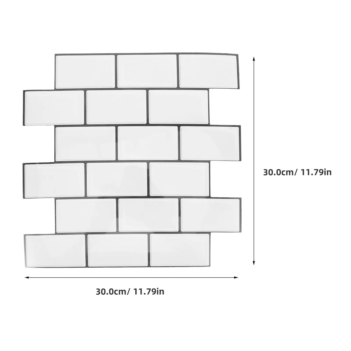 White and gray subway-style peel-and-stick backsplash tile layout, 30cm x 30cm
