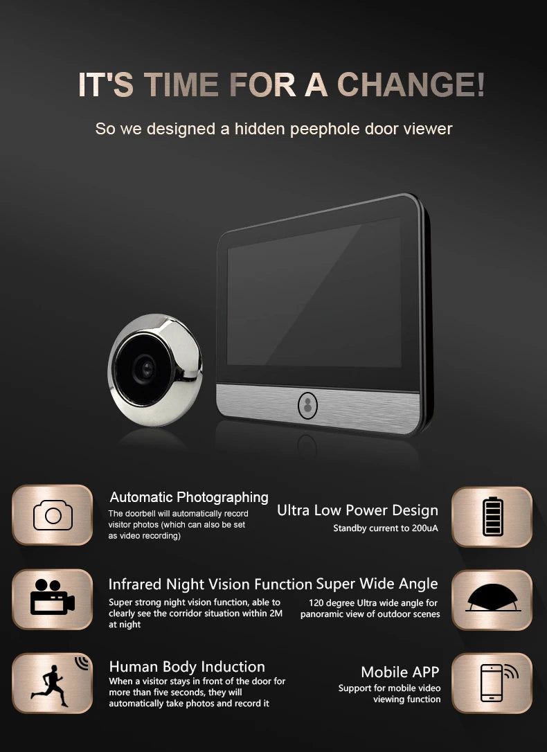 4.3 "IPS Large Capacity Display Doorbell Peep Hole Smart Cat Eye Digital Door Camera 120 ° 2K300W Pixel Doorbell Outdoor Monitor