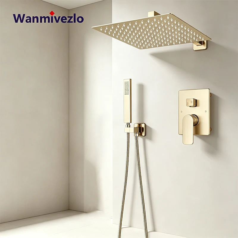 Brushed Gold Shower System, Wall Mounted Rainfall Shower Faucet Set with Handheld Sprayer, Single Lever Concealed Bathroom Mixer Valve Luxury Modern Brass Shower Combo