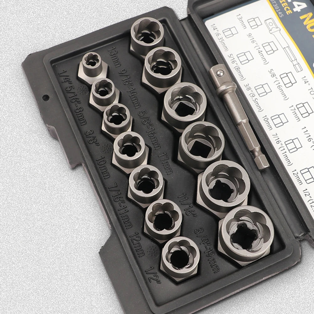14 Pieces Impact Bolt & Nut Remover Set Cr-Mo Steel Bolt Extractor Tool Set with Solid Storage Case for Industrial Drop Shipping