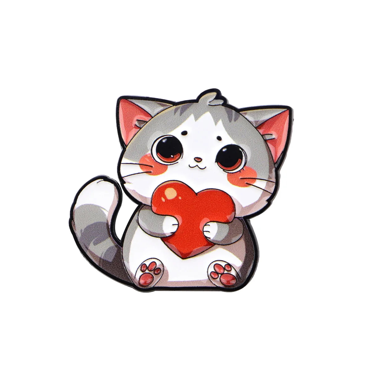 Cute grey cat enamel pin holding a red heart. Stylish brooch for backpacks, lapels, and cat lover jewelry gifts.