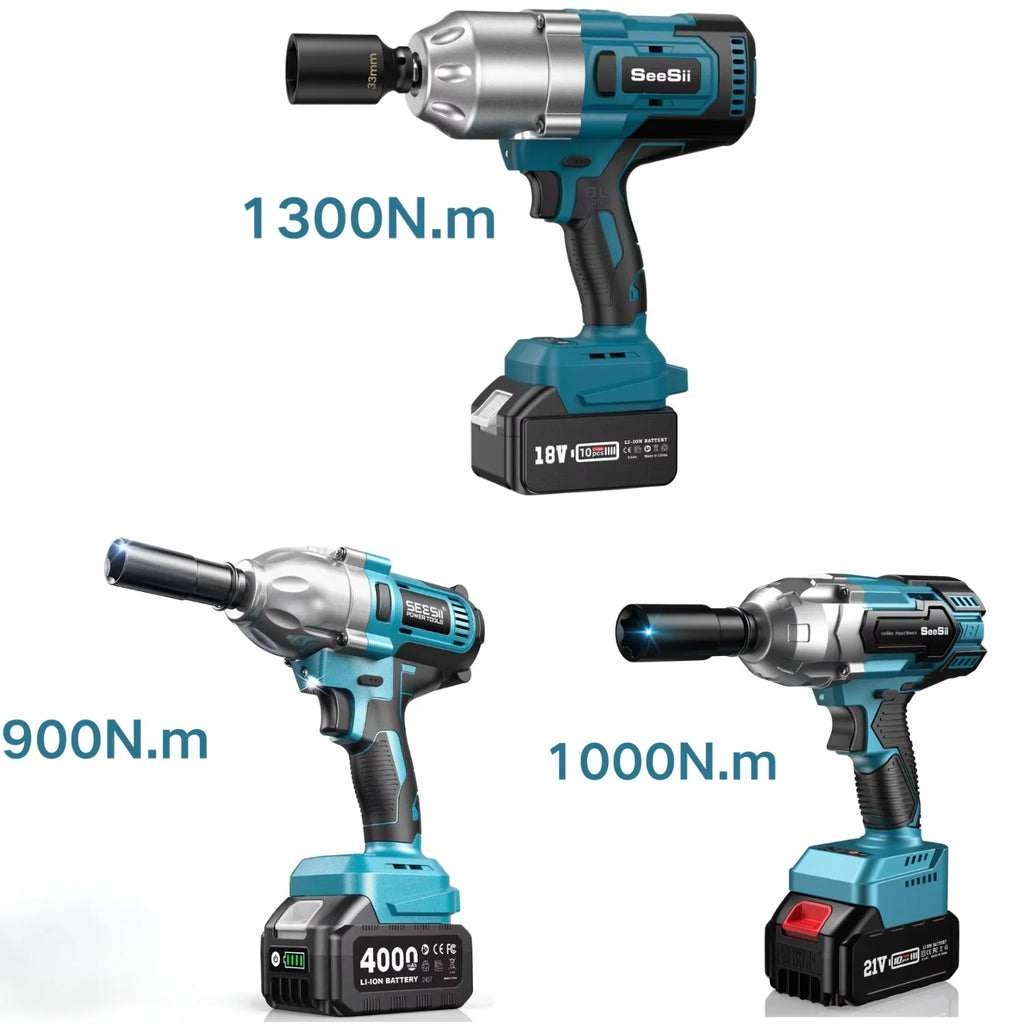SeeSii 900Nm 1000Nm 1300Nm Cordless Impact Wrench Brushless Electric Impact Gun Kit Battery Powered Tool For Car Tire Repair with 2*4.0Ah Batteries Case LED Light For Makita
