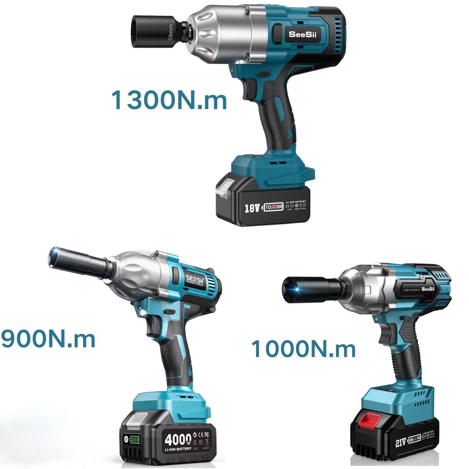 SeeSii 900Nm 1000Nm 1300Nm Cordless Impact Wrench Brushless Electric Impact Gun Kit Battery Powered Tool For Car Tire Repair with 2*4.0Ah Batteries Case LED Light For Makita