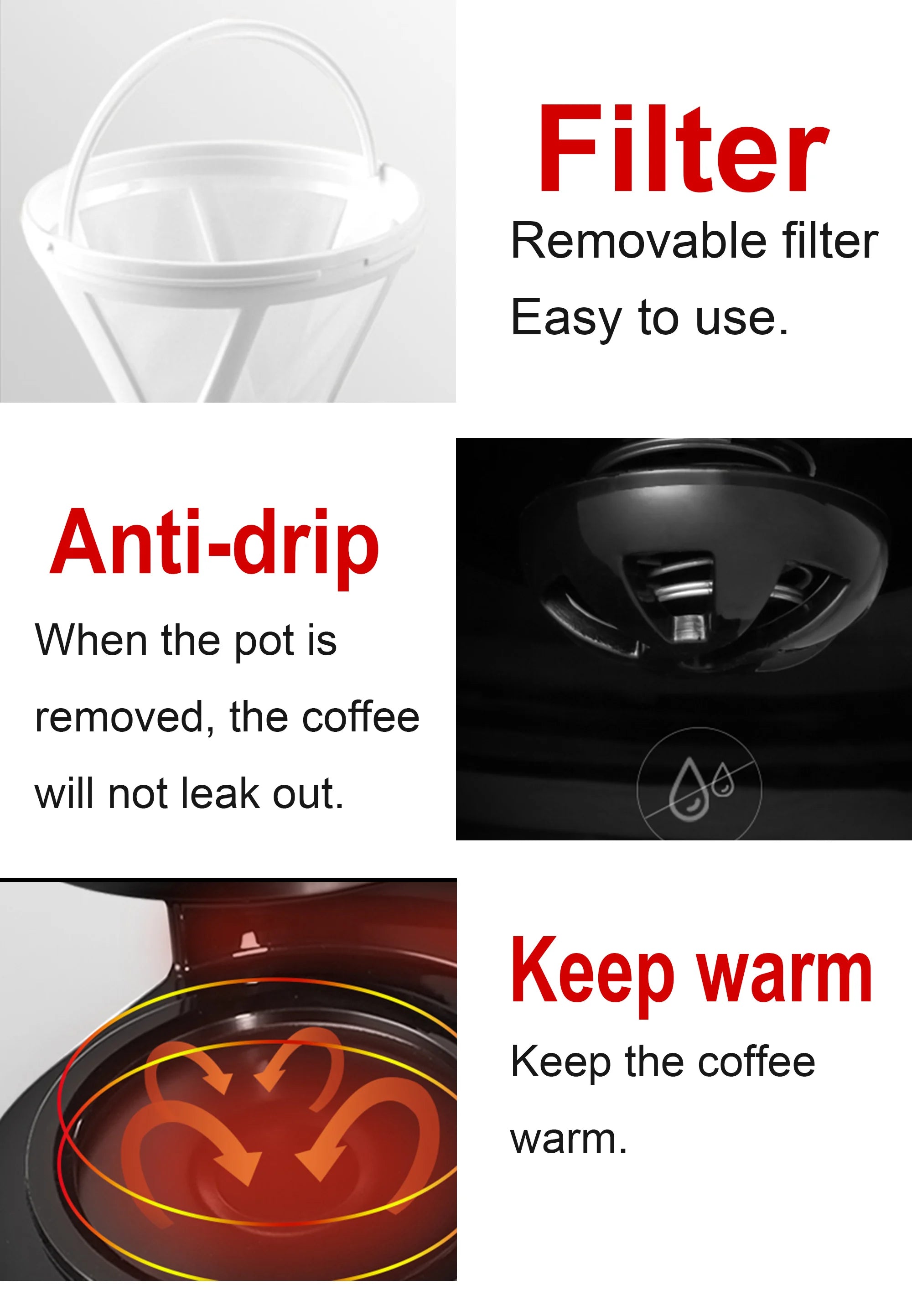 Coffee maker features: white removable filter, black anti-drip valve, and heated keep-warm plate base.