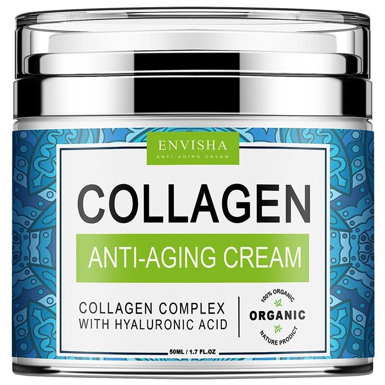 Jar of Envisha Collagen Anti-Aging Cream with a white, green, and blue patterned label and silver metallic lid.