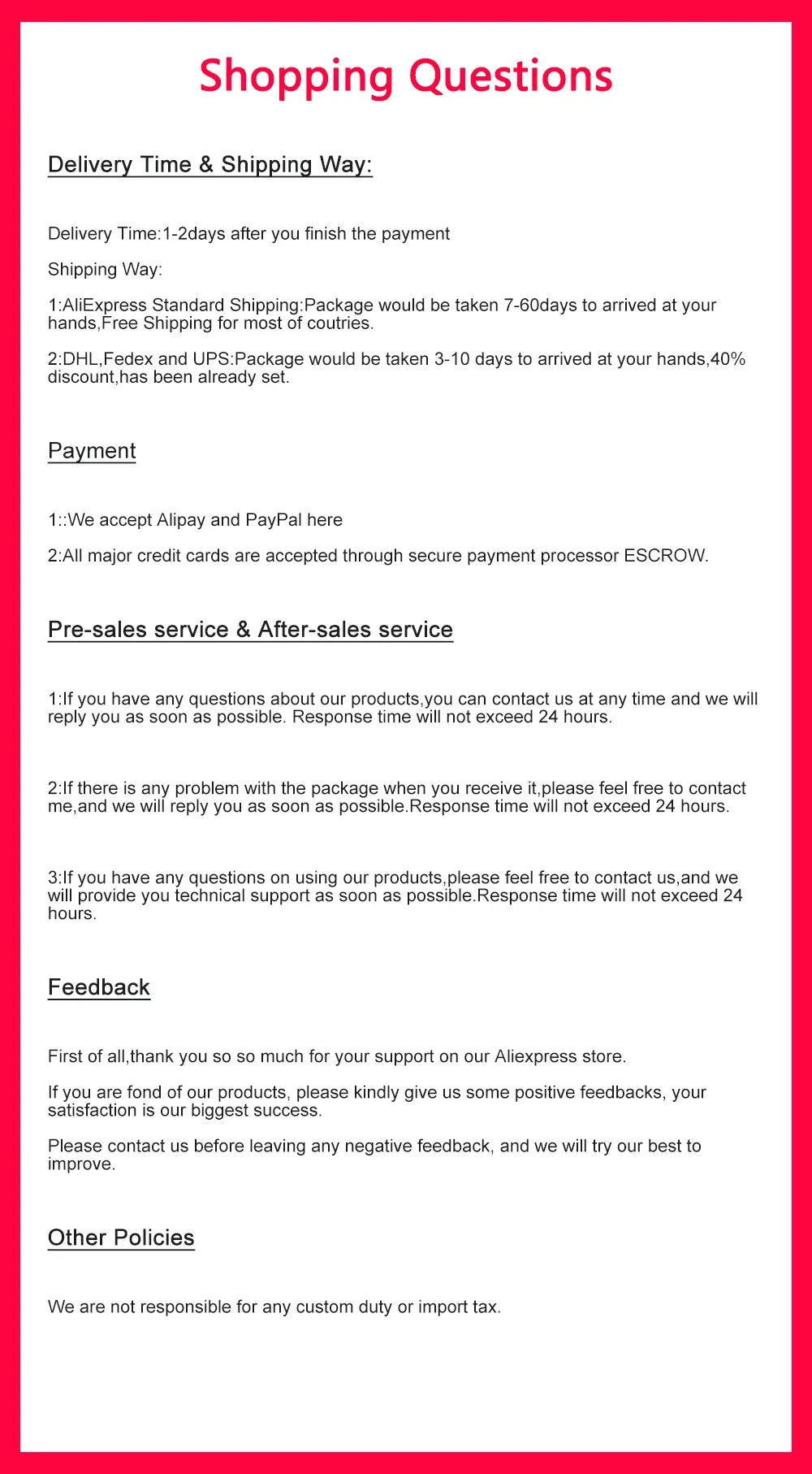 Shopping questions page for barcode scanner with delivery, payment, and feedback sections