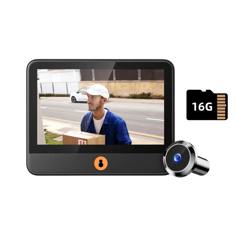 Visual doorbell peephole monitor with live video screen and 16G TF card icon