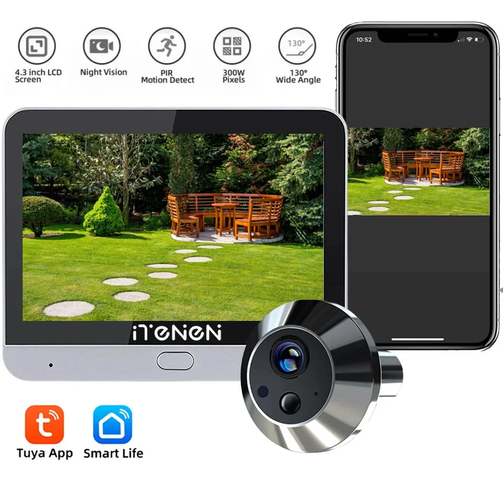 Smart Life Home Security Wireless 2.4G Wifi 3MP Peepholes Door Eye Tuya PIR Detection Video Door Camera With 4.3 inch Screen