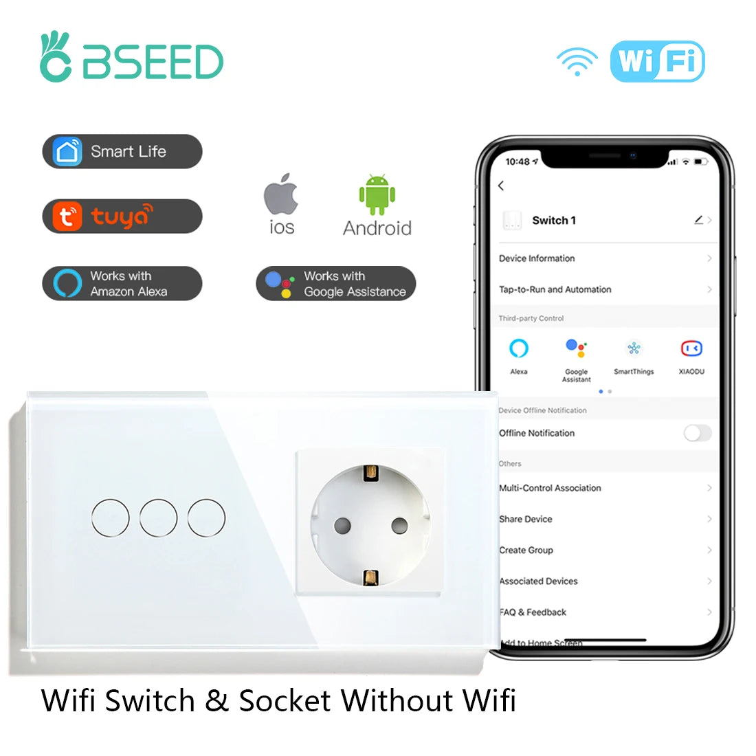 WiFi Smart Wall Switch with USB-C Port - Glass Panel Tidesmit 3Gang EU Socekt EU standard Tidesmit