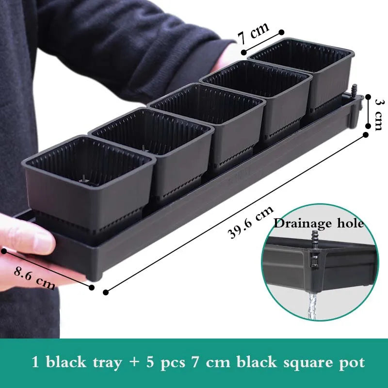 Black drainage tray with five ribbed square succulent pots and visible drainage holes at base