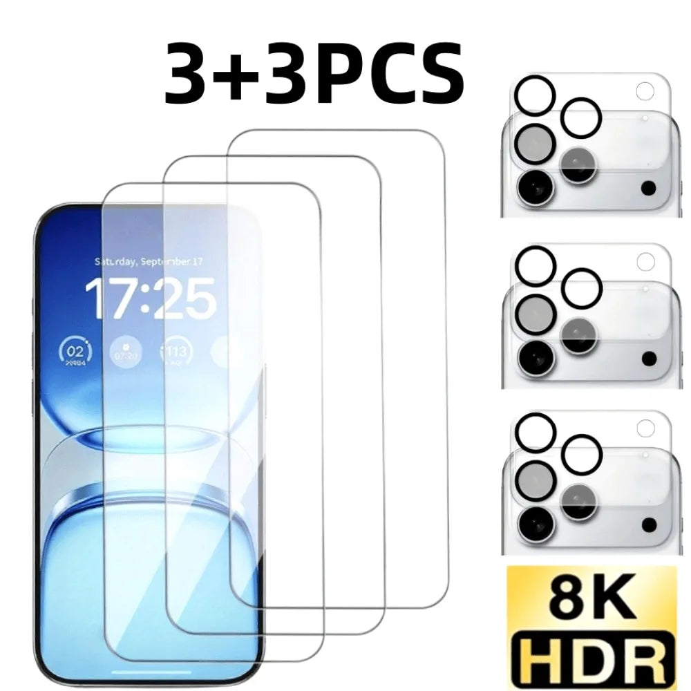 6-in-1 High Clear Screen Protector for iPhone 17 16 15 14 Pro Max 17 Air Camera Lens Glass for iPhone 13 12 11 Pro 16 15 14 Plus AE 3Glass 3Lens High Definition Tidesmit