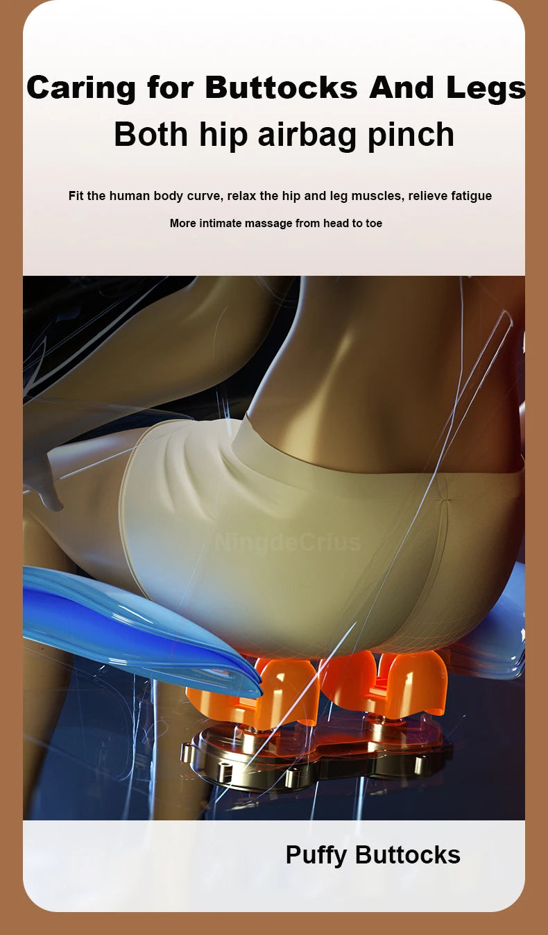 Gray massage chair showing hip and leg airbag pinch with roller heads