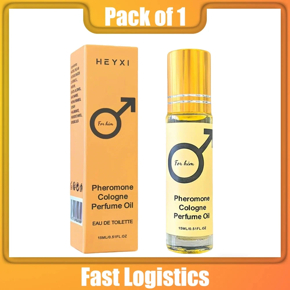 HEYXI Pheromone Cologne Perfume Oil for men, 15ml roll-on EDT, long-lasting romantic travel fragrance in yellow bottle.