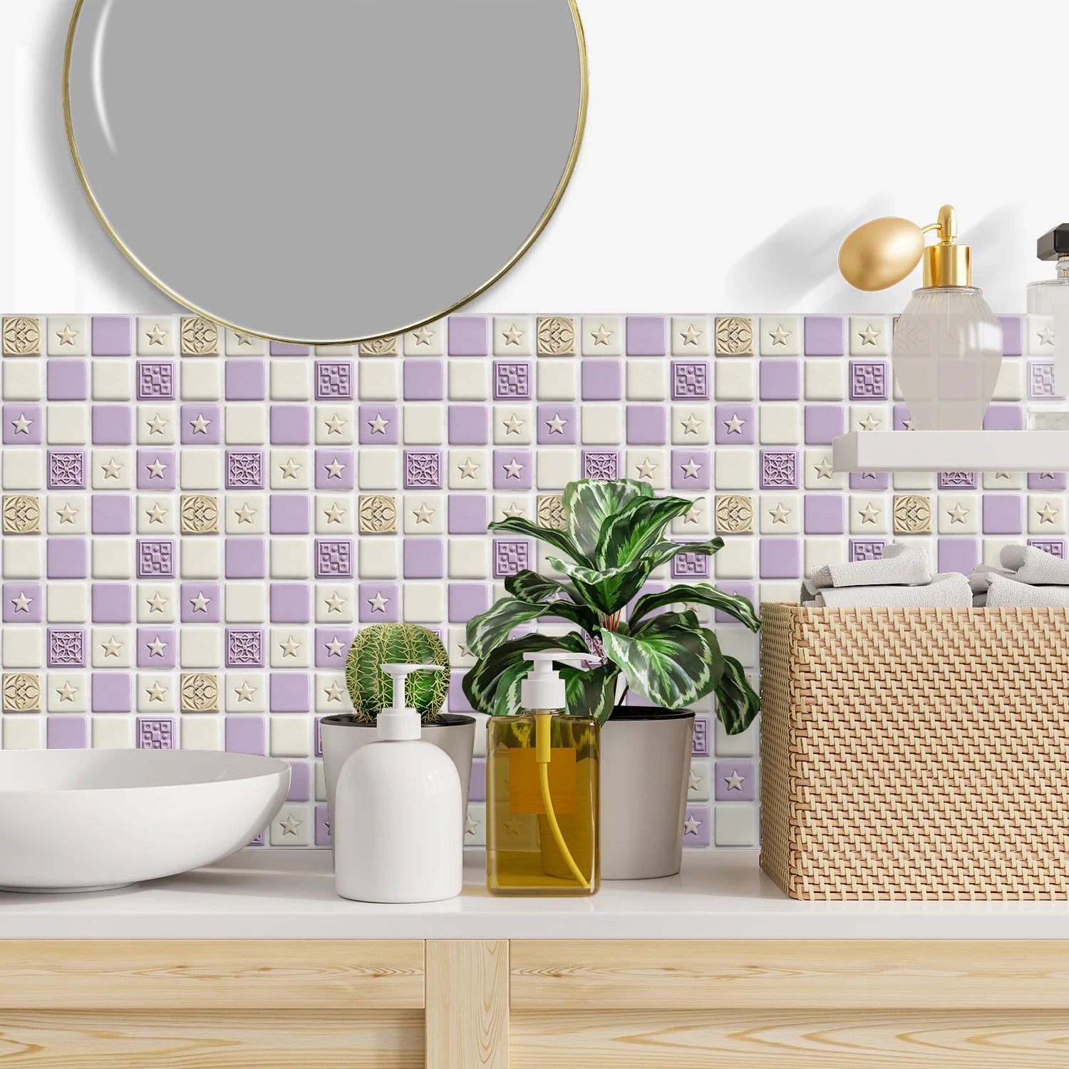 10pcs Flat Mosaic Tiles Sticker Set Kitchen Bathroom Wall Decals Gloss Waterproof Film 2D Surface Cover Transfers for Home Decor