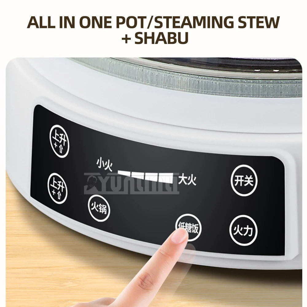 Electric rice cooker control panel with multiple buttons, finger pointing at setting area.