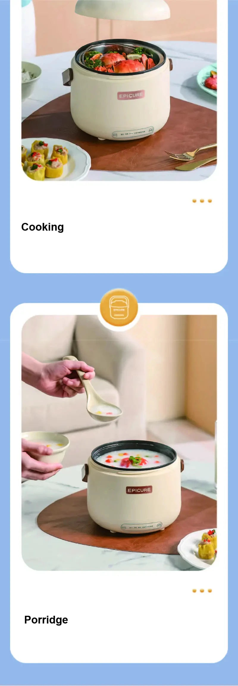 Electric cooking pot with lid open, food cooking inside, cream body