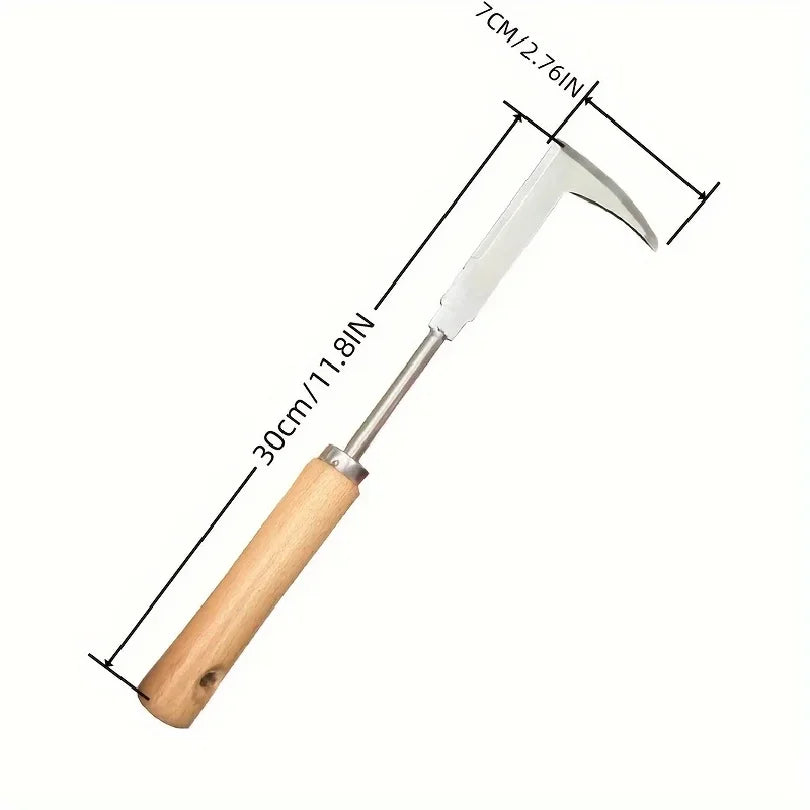 L-shaped stainless steel weeding tool with wooden handle, with size dimensions diagram.