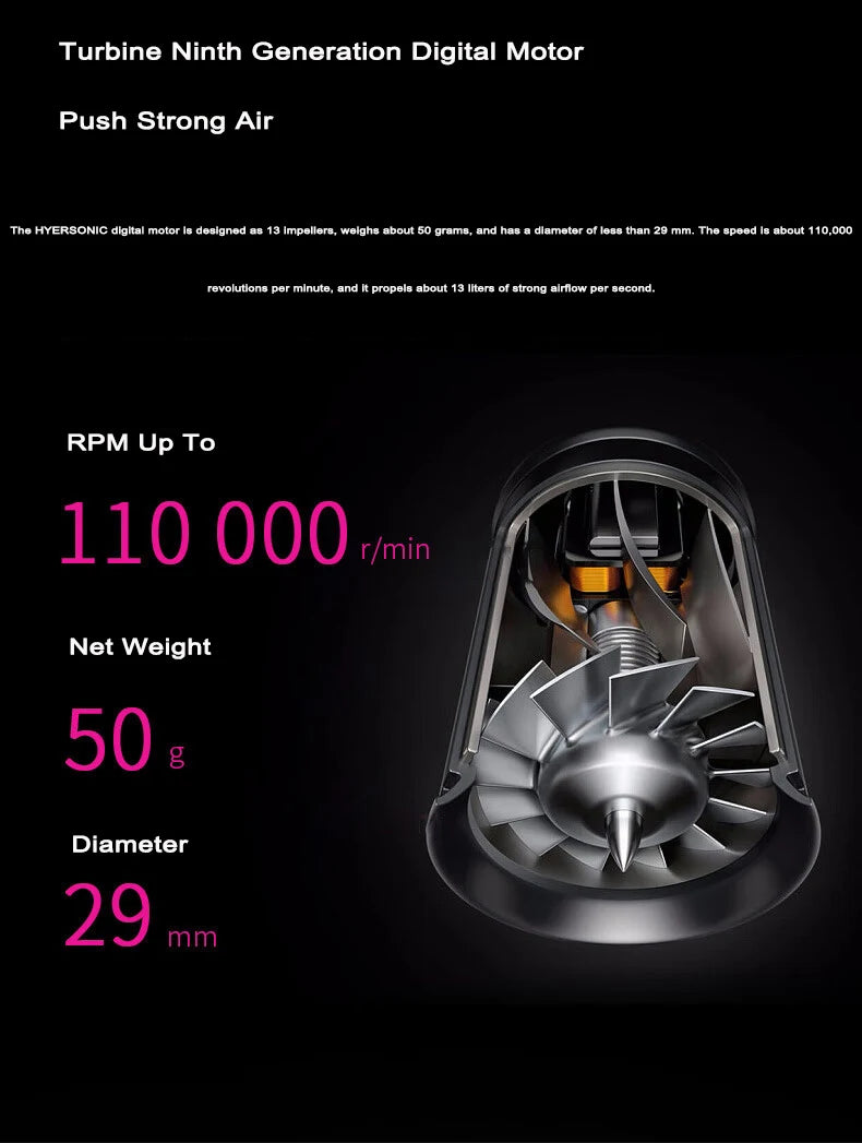 Professional ionic hair dryer featuring a powerful 110k RPM digital turbine motor for fast, salon-quality drying.