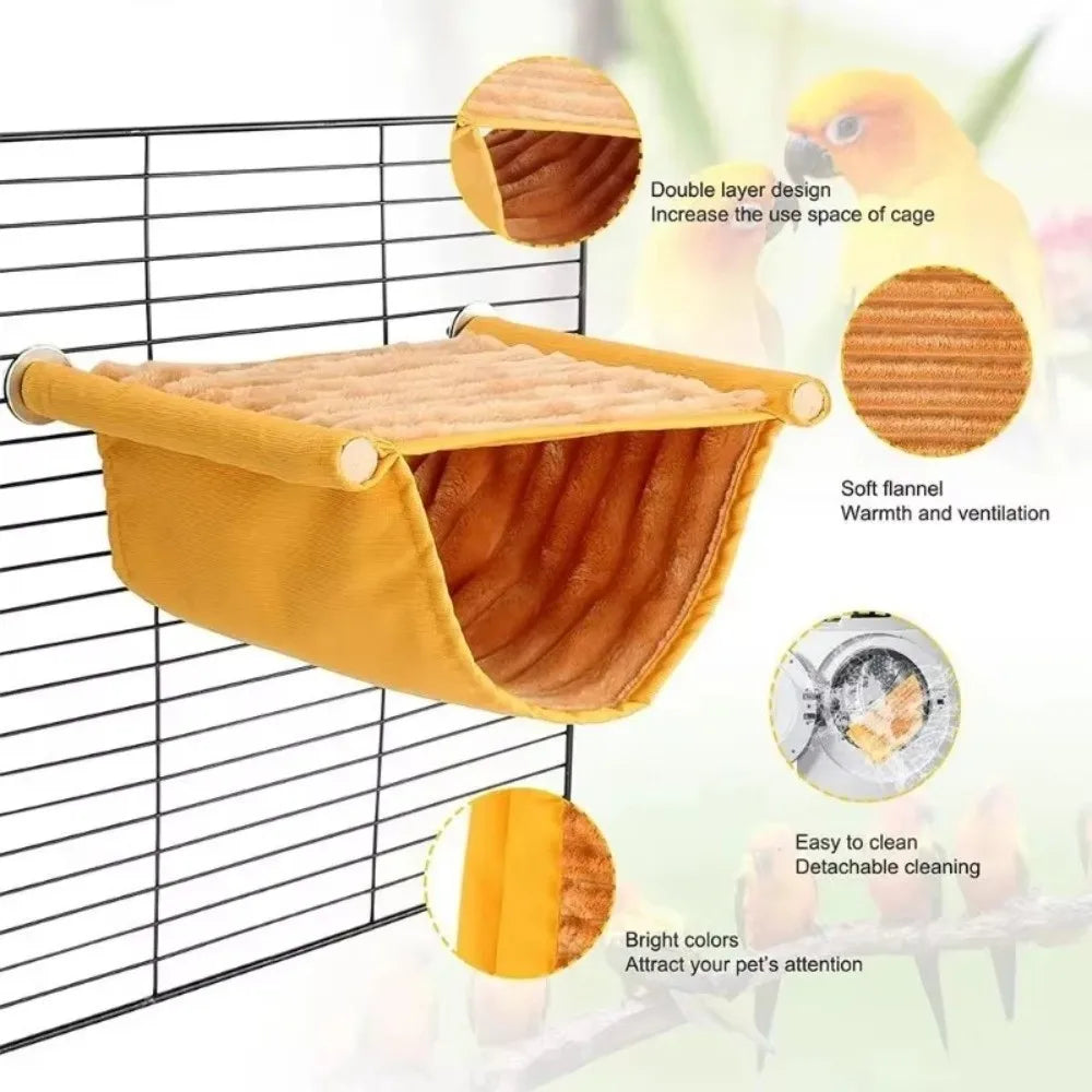 Washable yellow fleece hanging bird hammock for cage. Soft, detachable cozy perch nest for small pet warmth and comfort.
