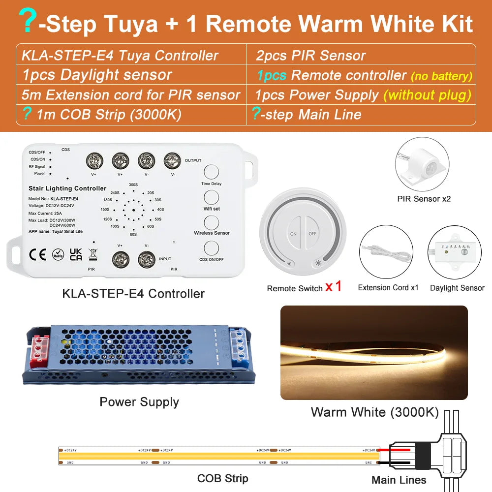 Tuya staircase LED strip kit with controller, 2 PIR sensors, 1 remote, warm white lighting