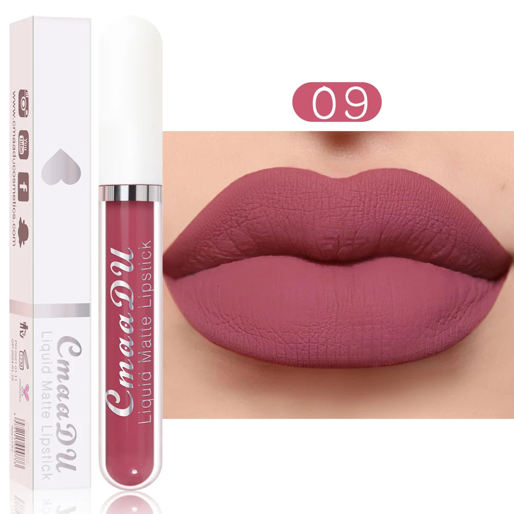 Cmaadu long-lasting matte liquid lipstick in dusty rose shade 09, showing waterproof, non-stick smooth velvet finish.