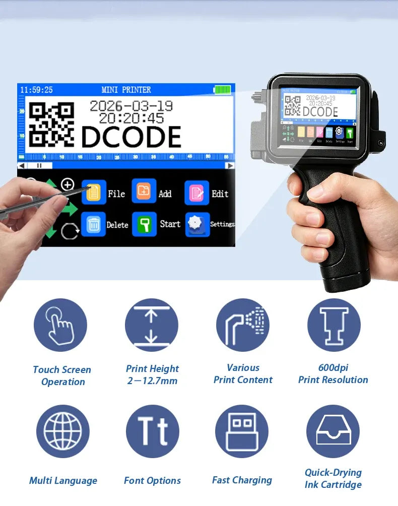 Handheld inkjet printer printing screen with QR code and date; hand holding device