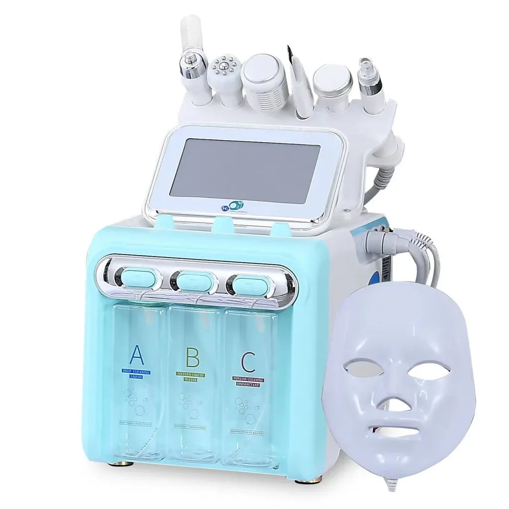 7-in-1 professional hydro facial machine with light blue finish, skin lifting RF, oxygen spray, and LED therapy mask.