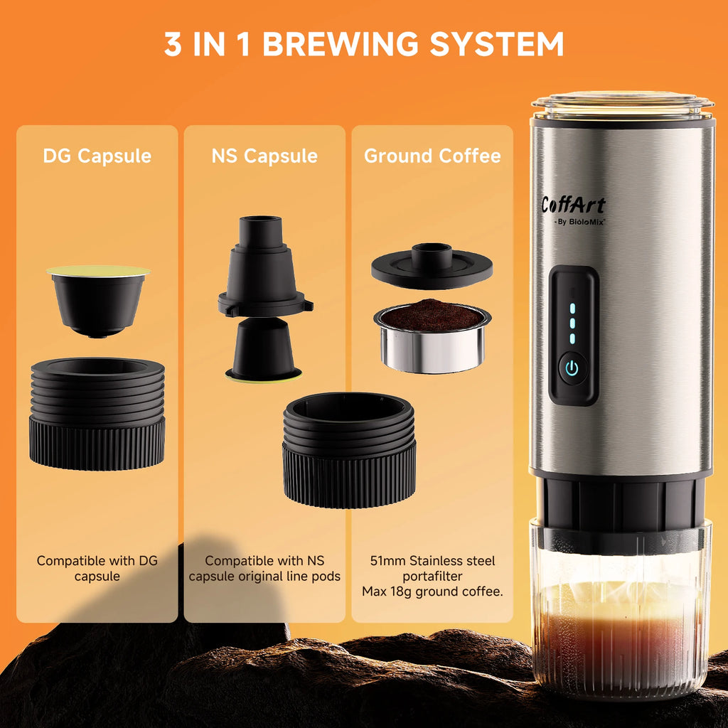 BioloMix CoffArt 3-in-1 portable espresso maker in stainless steel, compatible with DG and NS capsules or grounds.