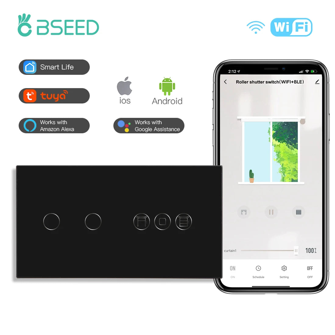 Tidesmit Smart WiFi Shutter Switch - App Controlled Roller Blind Timer Wifi 2Gang Black Tidesmit