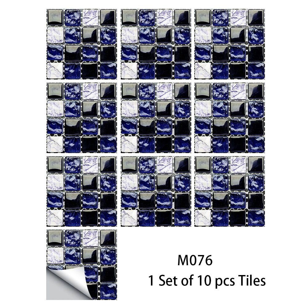 10pcs Flat Mosaic Style Tiles Sticker Kitchen Bathroom Waterproof & Oilproof Art Wall Sticker Peel & Stick Surface Glossy Film