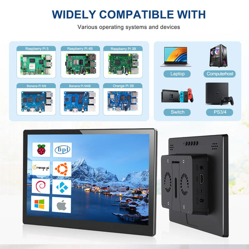 10.1-inch IPS touchscreen monitor with icons for OS compatibility, rear view showing HDMI, USB-C, and fan design.
