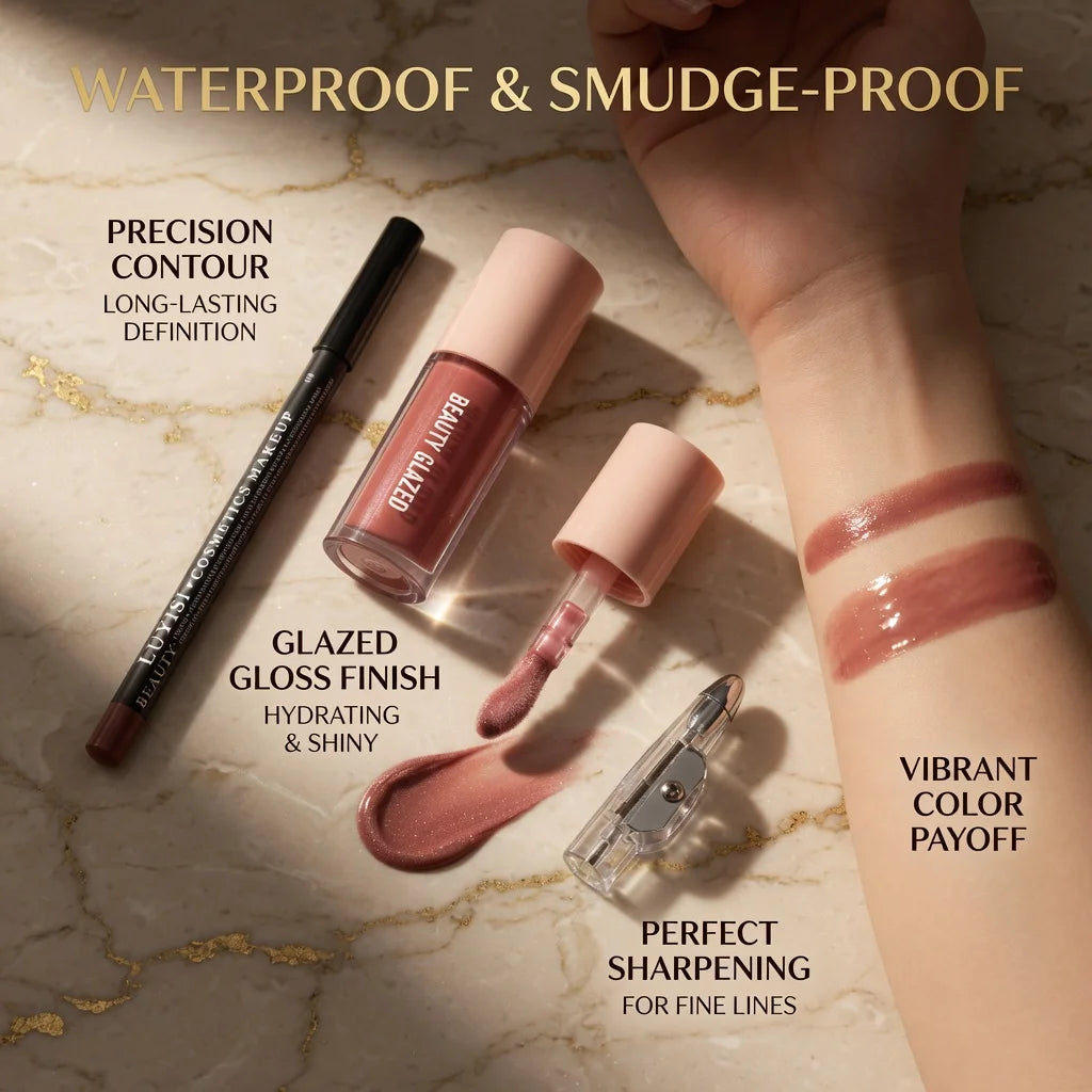 3-piece lip set with mauve lip liner, moisturizing glazed lip gloss, and pencil sharpener for defined, shiny lips.