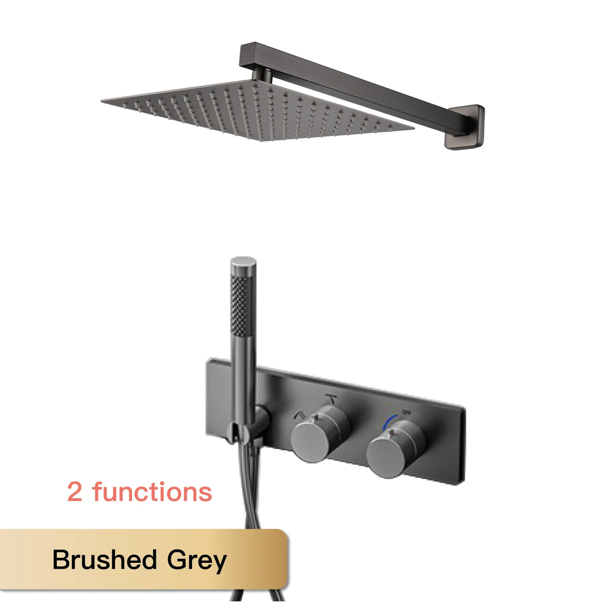 Brushed grey thermostatic 2-function ceiling shower set with square rain head and mixer