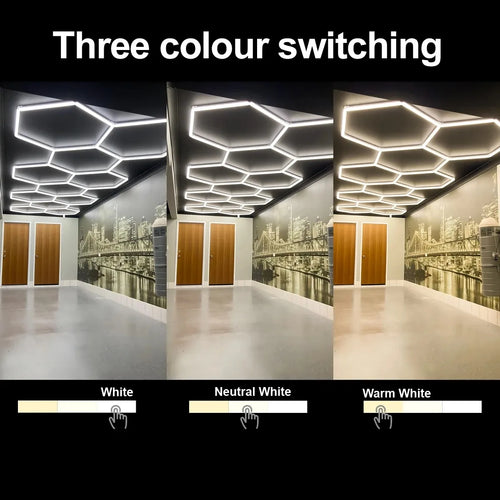 Three-color hexagon honeycomb LED ceiling light panels showing white, neutral, warm glow