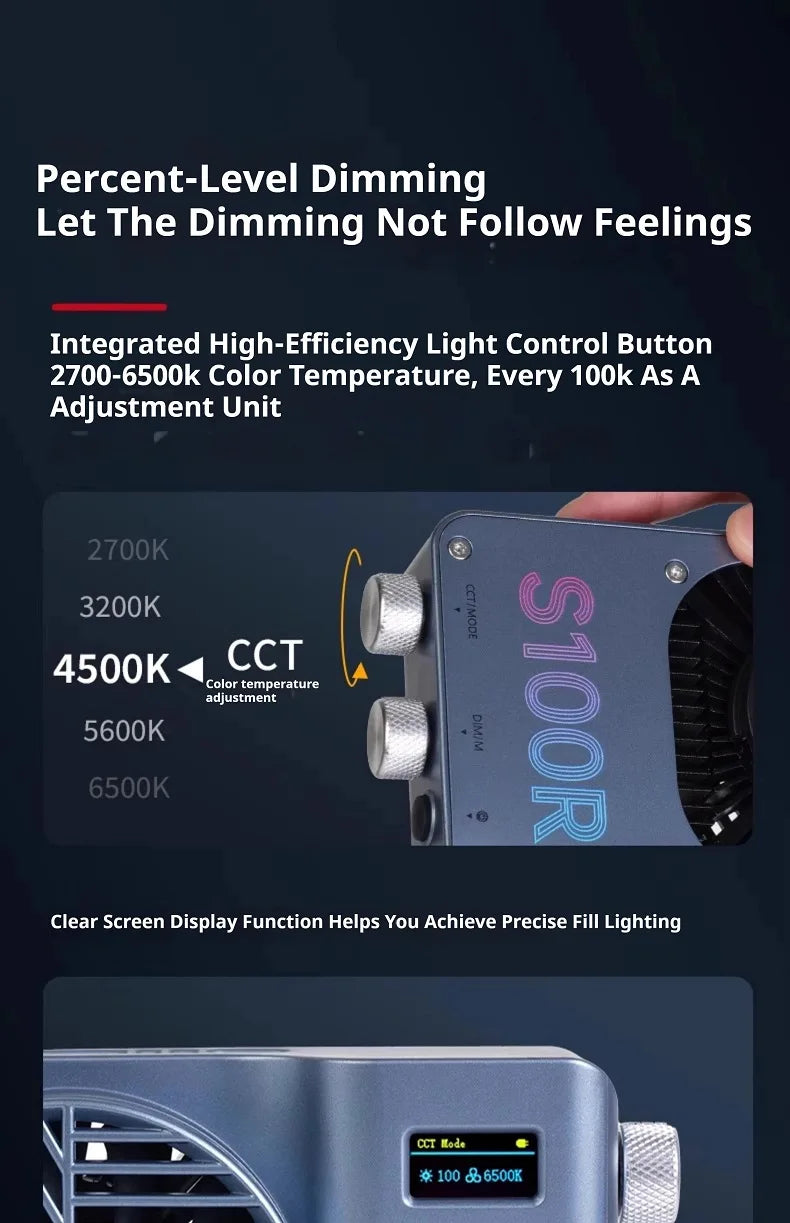 S100R grey LED fill light with two textured adjustment knobs and an OLED screen for precise color temperature settings.