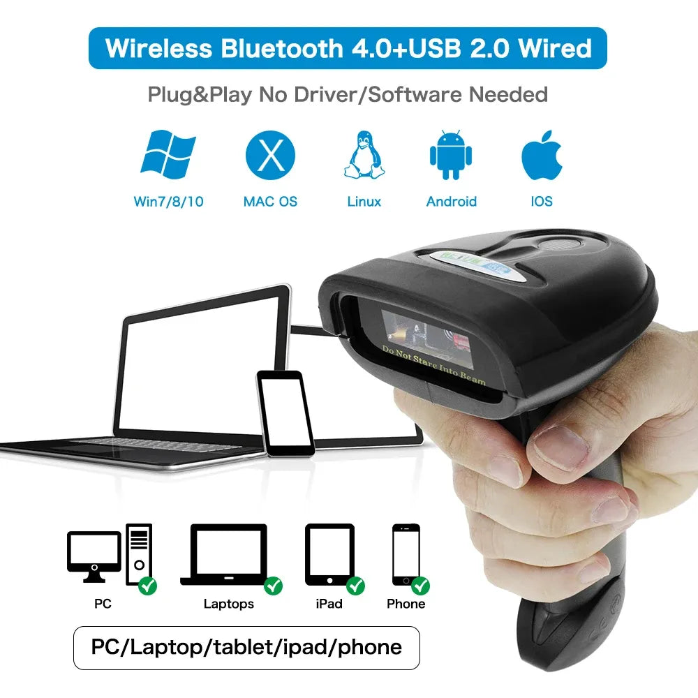 Handheld black wireless barcode scanner held in a hand with scan window visible