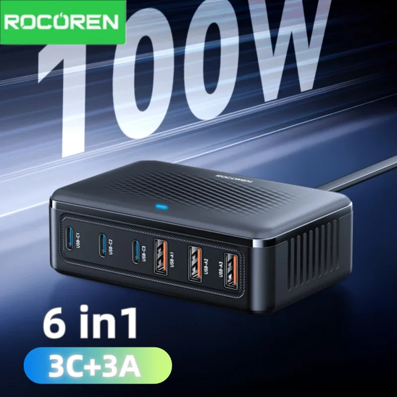 Black rectangular 100W GaN desktop charging station by Tidesmit featuring 6 ports, 3 USB-C and 3 USB-A.