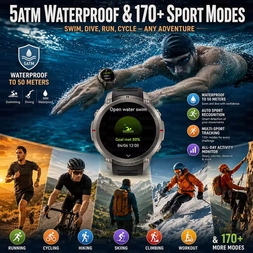 Waterproof sports smartwatch with black strap and round case, worn on wrist in action