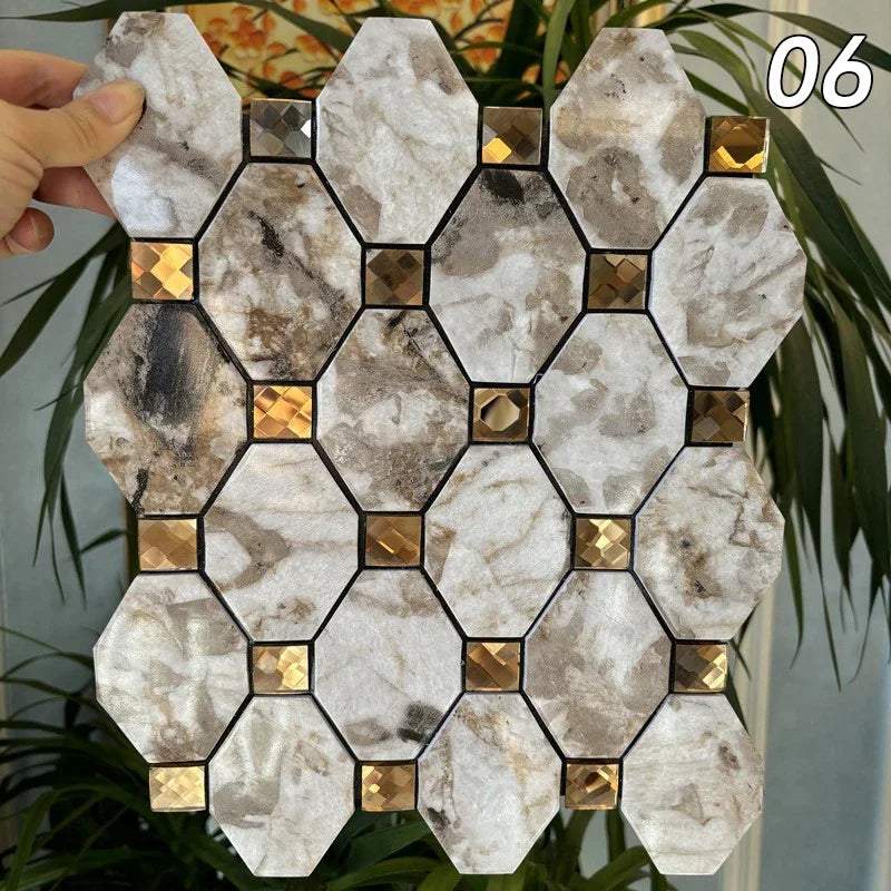 Hexagon peel-and-stick wall tile mosaic, white marble tiles with gold mirrored insets