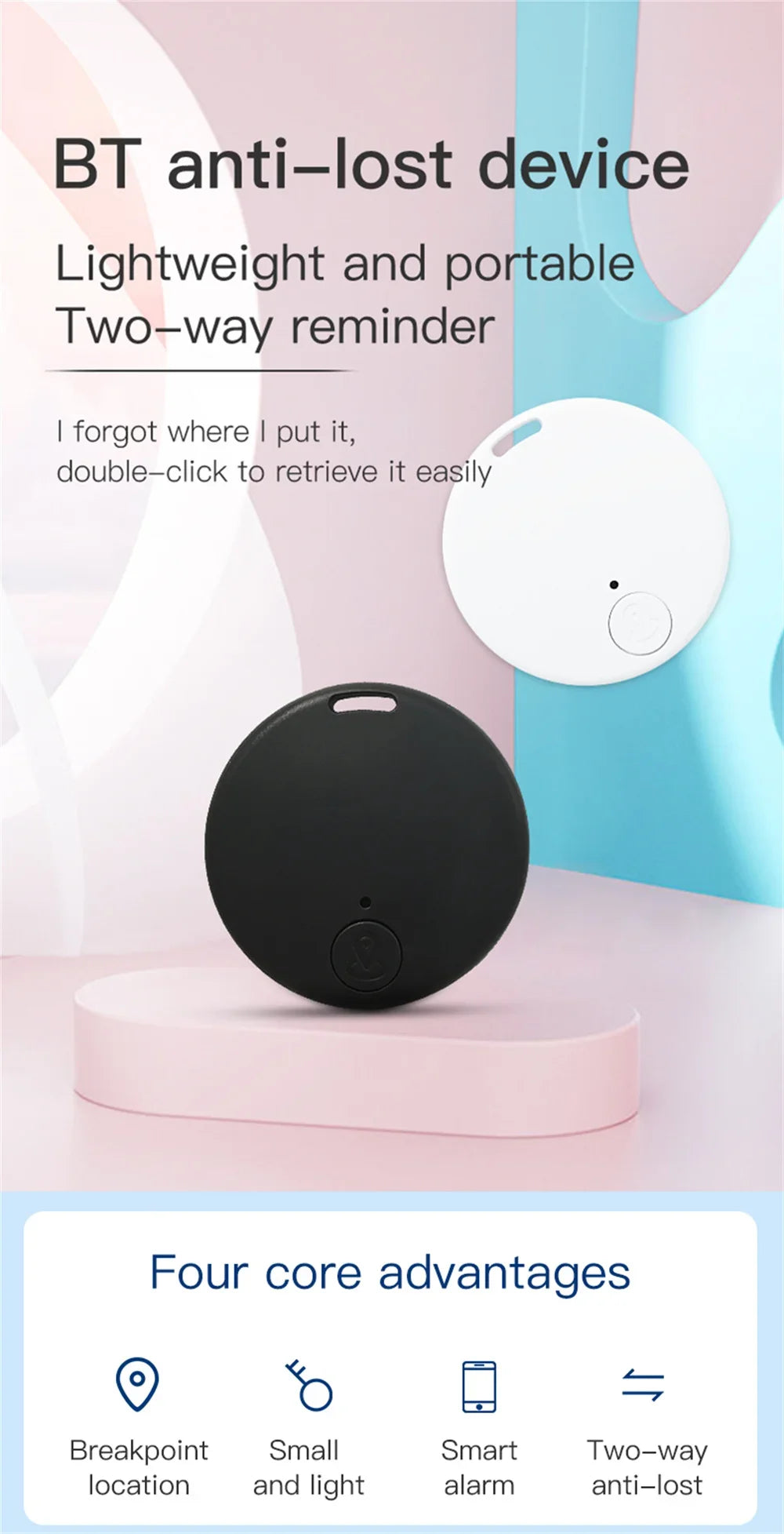 Black and white Bluetooth smart GPS tracker for pets and keys. Portable anti-lost locator with two-way alarm.