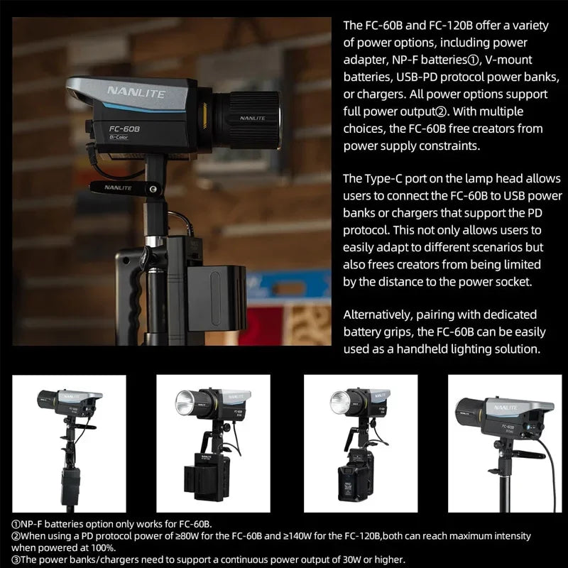 FC-60B spotlight with black housing and power supply options including battery grips and cables for versatile lighting.