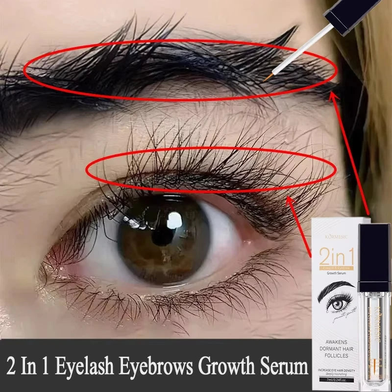 2 in 1 eyelash and eyebrow growth serum applicator applying natural, longer, and thicker lash enhancer to eye area.