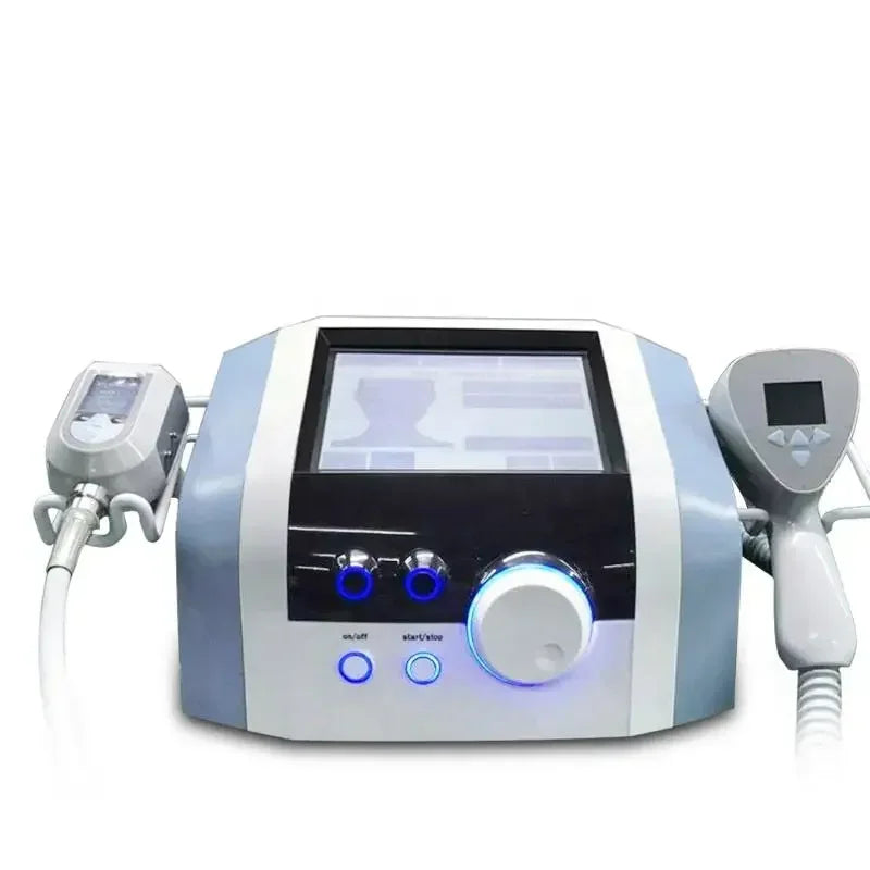 Ultra 360 body contouring and skin tightening machine with blue LED touch screen, control dial, and two applicators.