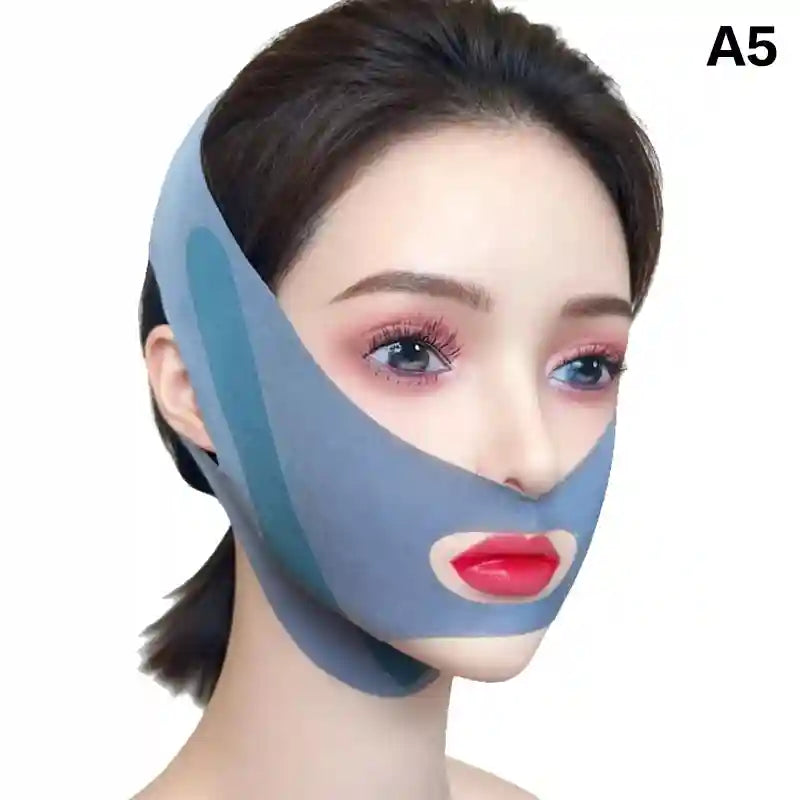 A woman wearing a blue, stretchy V-line face slimming bandage with an opening for the mouth.