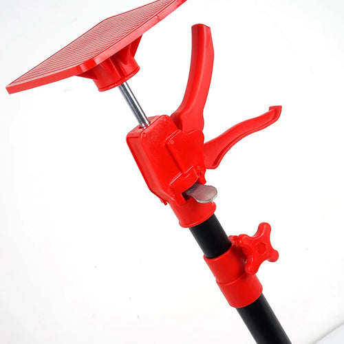 Red and black telescopic pole cabinet support with curved trigger and metal pin