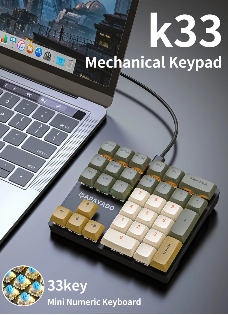 APAYADO K33 Mini Numeric Keyboard 33Keys,Blue Mechanical Shaft,RGB,PBT Keycaps for Treasury / Accounting / Finance