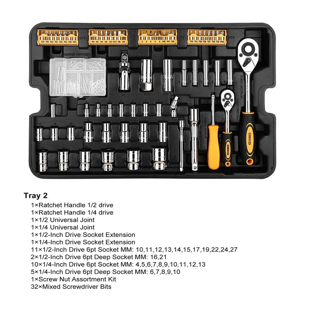 DEKO 258pcs Home DIY Hand Tool Set Professional Hand Tool Luggage Three-layer Rolling Portable Storage Box
