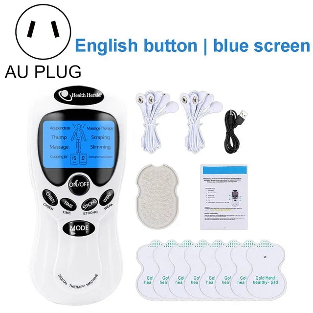 White handheld digital therapy machine with blue LCD screen, electrode cables, USB cord, and multiple adhesive pads.
