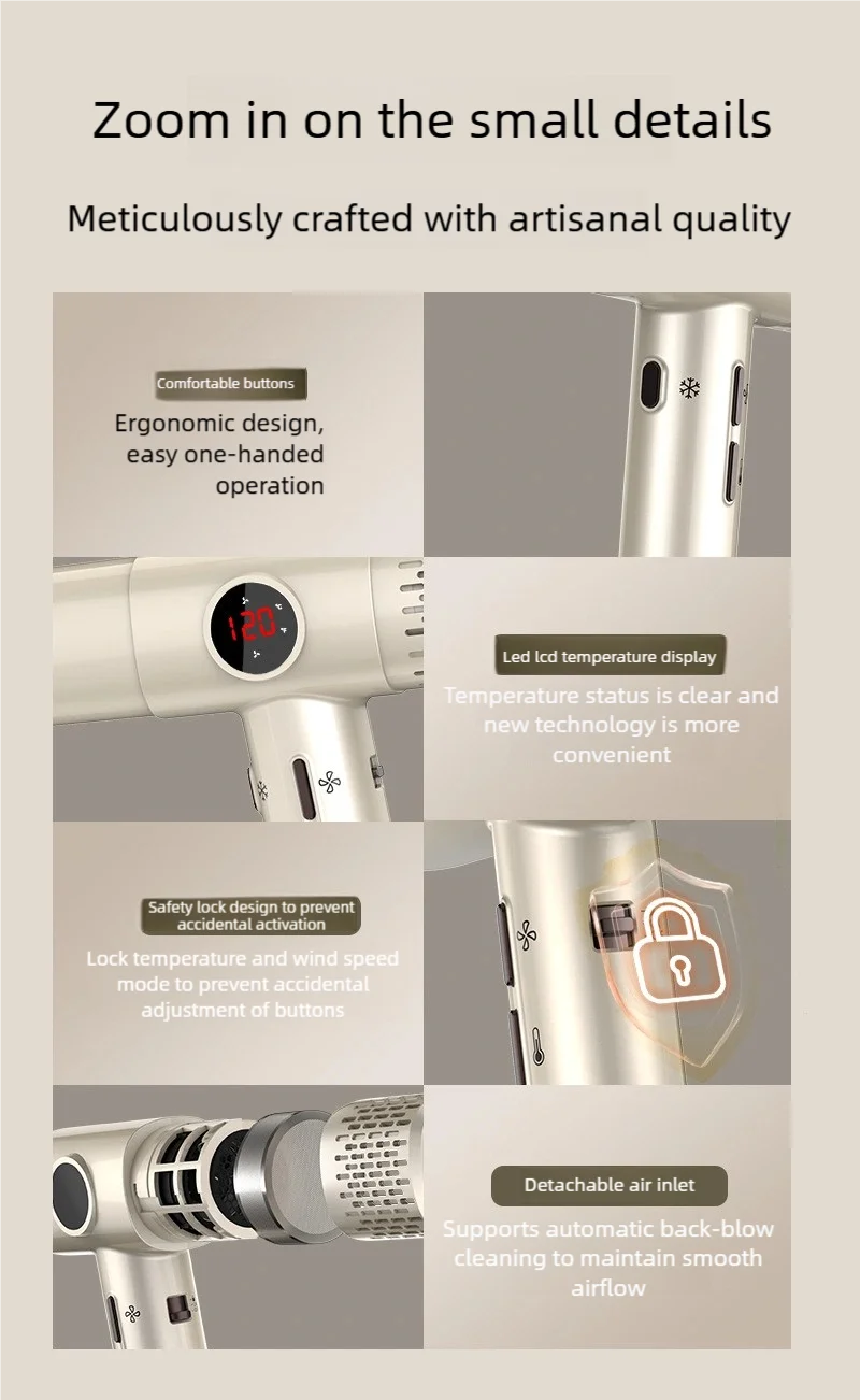 TINSOL professional beige negative ion hair dryer with LED temp display, ergonomic buttons, and detachable air inlet.